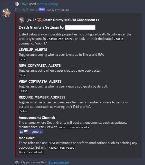 Viewing how Death Grunty is configured for your server.