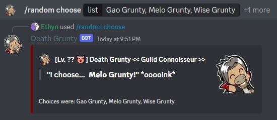 Asking Death Grunty to choose from a list of items.